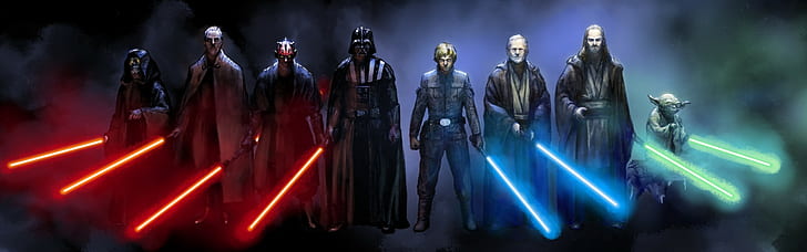 Jedi, Obi-Wan Kenobi, greve Dooku, Anakin Skywalker, flera skärmar, Yoda, Luke Skywalker, Qui-Gon Jinn, Star Wars, Sith, dubbla bildskärmar, ljussabel, kejsare Palpatine, Darth Vader, Darth Sidious, Darth Maul, HD tapet