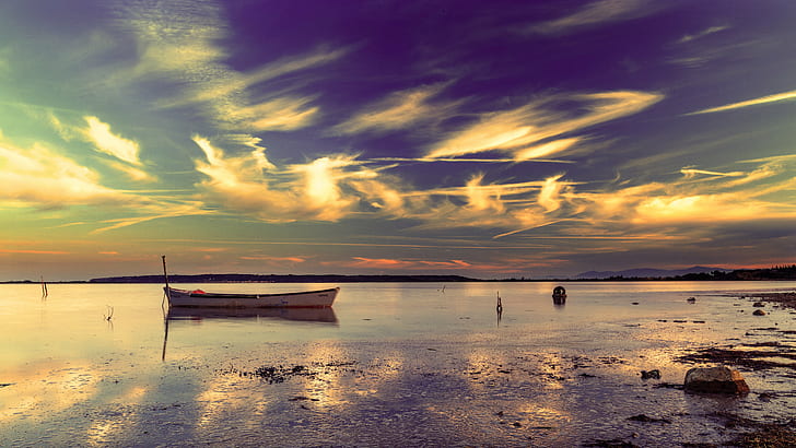 landscape photography of white boat on body of water, Barque, landscape photography, white, boat, body of water, bateau, seascape, étang, lapalme, clouds, sky, nuages, ciel, sunset, longexposure, waterscape, canon, france, couleur, colors, color, sea, nature, beach, nautical Vessel, summer, landscape, water, dusk, outdoors, tranquil Scene, coastline, reflection, sun, sunrise - Dawn, scenics, island, sunlight, vacations, beauty In Nature, HD wallpaper