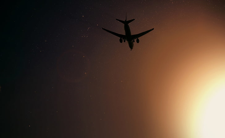 Самолет, летящ през нощта, черен самолет, мотори, самолет, нощ, летене, самолет, HD тапет