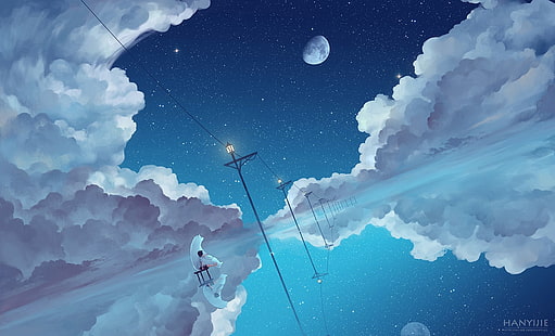 chmury i kratownice, anime, chmury, niebo, noc, Księżyc, Tapety HD HD wallpaper