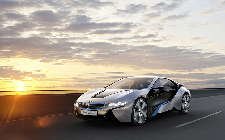 BMW i8 Concept, sunset, BMW i8 Concept, BMW Concept, BMW Concept Car, HD wallpaper