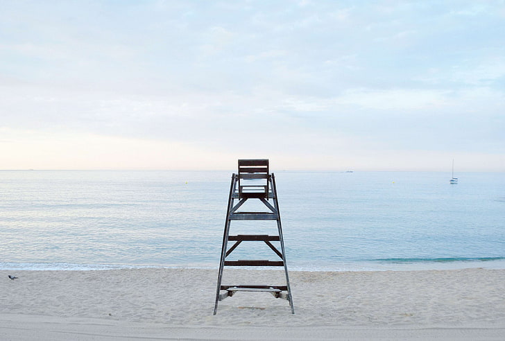 beach, chair, coast, lifeguard high chair, lifeguard observation chair, ocean, outdoors, sand, sea, seascape, seashore, seaside, sky, water, waves, HD wallpaper