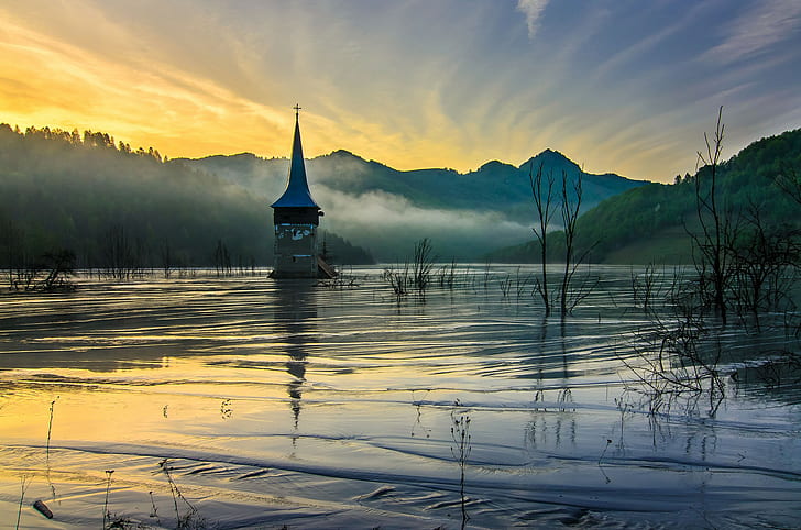 Church in nissin, mountains, nisin, church, flooded, spring, morning, dawn, fog, HD wallpaper