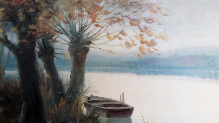 painting, lake, paint, art, impressionist, tree, calm, sky, boat, lakeside, landscape, artwork, HD wallpaper