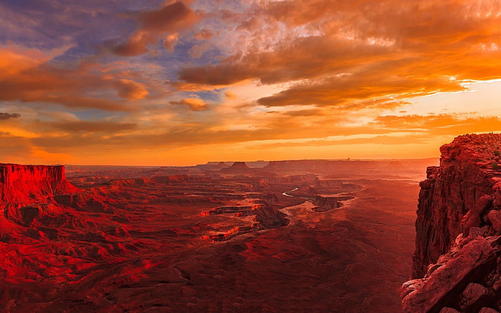 Wielki Kanion, Arizona, Kalifornia, krajobraz, przyroda, zachód słońca, Utah, Park Narodowy Canyonlands, rzeka, chmury, erozja, czerwony, złoty, panoramy, Tapety HD