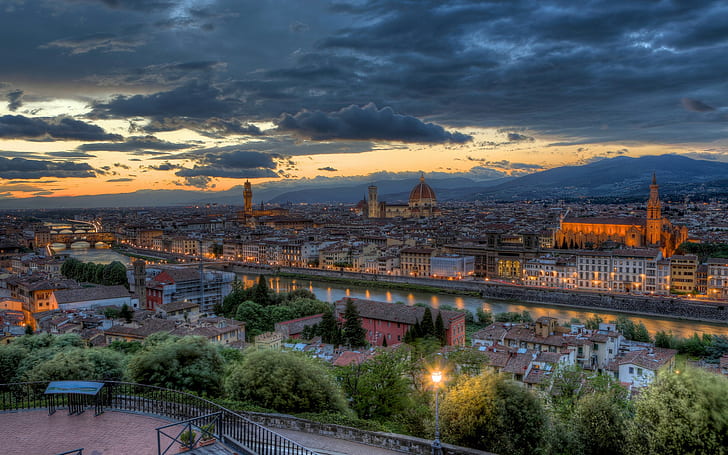 град, градски пейзаж, река, мост, Флоренция, Италия, залез, архитектура, HD тапет