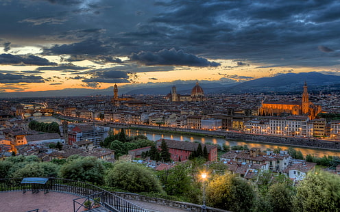 cidade, paisagem urbana, rio, ponte, Florença, Itália, pôr do sol, arquitetura, HD papel de parede HD wallpaper
