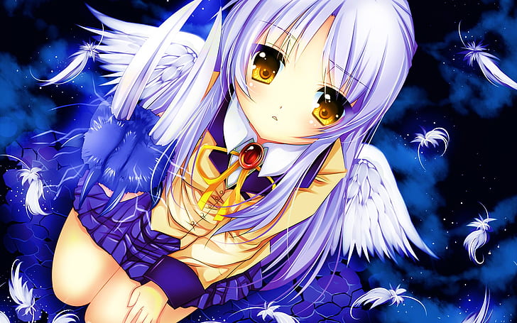 Angel Beats, Tachibana Kanade, niña de anime de pelo blanco, alas, colegiala, Angel, Beats, blanco, cabello, Anime, niña, alas, colegiala, Fondo de pantalla HD