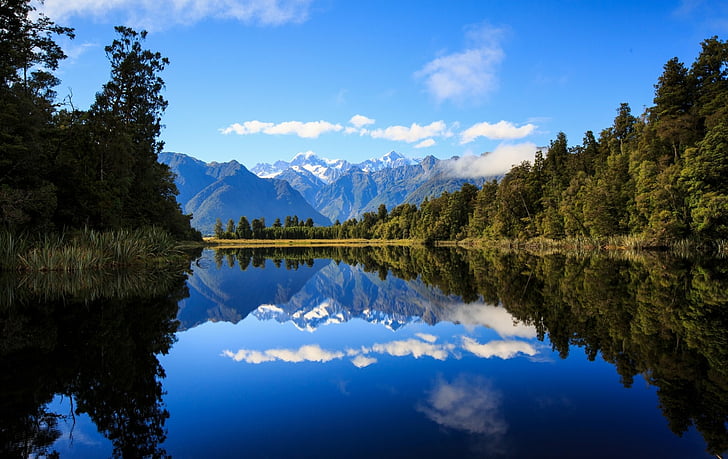 Montañas, Aoraki / Mount Cook, Lago, Lago Matheson, Montaña, Reflejo, Verano, Fondo de pantalla HD