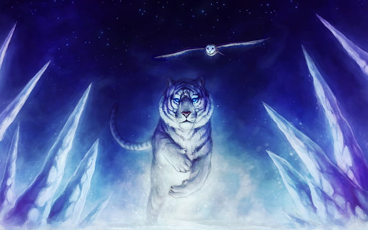 White Tiger Owl Art, harimau putih dan burung hantu, putih, harimau, Wallpaper HD