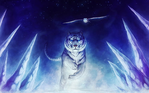 White Tiger Owl Art, harimau putih dan burung hantu, putih, harimau, Wallpaper HD HD wallpaper