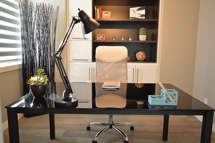 chair, desk, furniture, indoors, interior design, lamp, office, parquet, seat, shelves, table, window, HD wallpaper