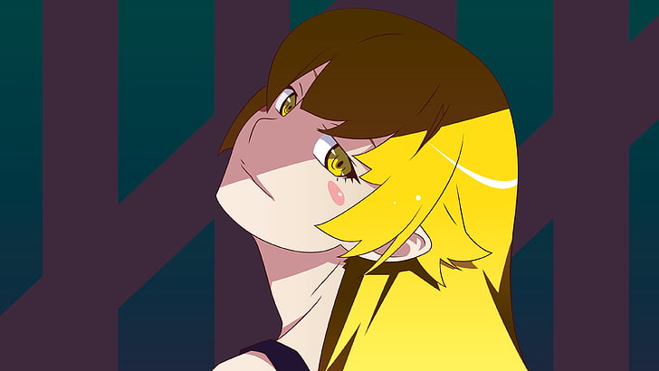 желтоволосая женщина аниме персонаж, желтоволосая женщина мультфильм иллюстрация, аниме, аниме девушки, ошино шинобу, блондинка, длинные волосы, серия Monogatari, наклон головы, HD обои