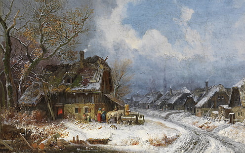  1845, oil on canvas, Henry Burkel, Winter Village, Wintry village, Heinrich Bürkel, the German genre and landscape painter, German genre and landscape painter, HD wallpaper HD wallpaper
