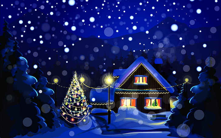 Dream Winter House, snow house, snowing, tree lights, HD wallpaper