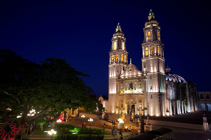 architecture, religious, temple, cathedral, Mexico, trees, night, lights, people, tower, HD wallpaper