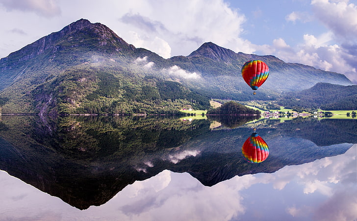 New Adventures, red hot air balloon, Nature, Lakes, View, Travel, Colorful, Landscape, Balloon, Flying, Scenery, Journey, Photoshop, Trip, dom, Mountains, Aerial, Outdoors, Europe, Norway, Reflection, Adventure, Discovery, Explore, excursion, places, visit, hotairballoon, HD wallpaper
