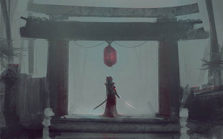 prajurit berdiri di bawah ilustrasi gerbang Torii, Jepang, kuil, pedang, lampu, Wallpaper HD