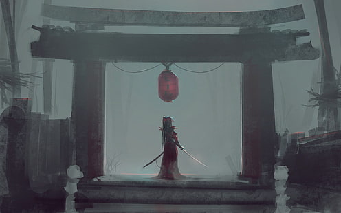 воин, стоящий под воротами Тории, иллюстрация, Япония, храм, меч, лампа, HD обои HD wallpaper