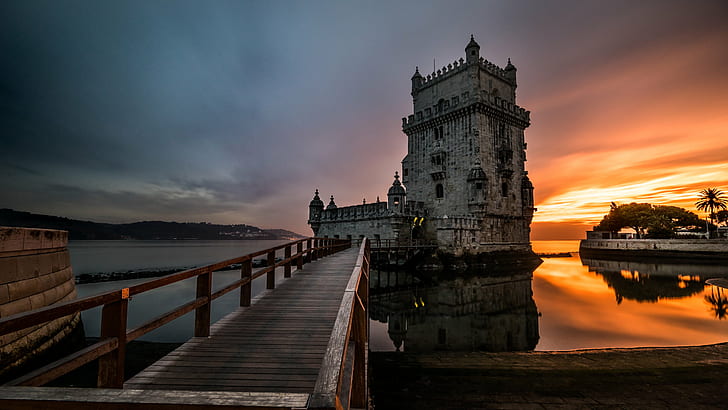 close up photo of bridge headed to the gray castle with a sunrise view, lisbon, portugal, lisbon, portugal, Belem tower, Lisbon, Travel photography, close up, bridge, gray, castle, sunrise, view, landscape, fullframe, ultra, sony, clouds, portugal, long  exposure, fe, full  frame, a7, travel, motion  photography, sky, seascape, europe, geotagged, sea, long exposure, Lisboa, PT, night, sunset, dusk, famous Place, architecture, tower, river, outdoors, HD wallpaper