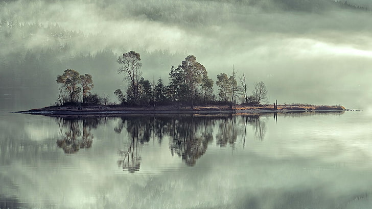 foto da ilha, natureza, paisagem, árvores, névoa, floresta, água, lago, ilha, nuvens, reflexão, HD papel de parede