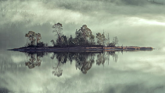 insel foto, beschaffenheit, landschaft, bäume, nebel, wald, wasser, see, insel, wolken, HD-Hintergrundbild HD wallpaper