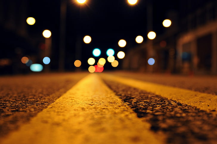 Noite de asfalto, noite, estrada, asfalto, luzes, bokeh, macro, HD papel de parede
