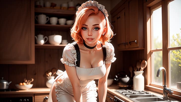 look, dishes, faucet, the maid, crane, window, ai art, beautiful, cook, washbasin, red hair, kettle, pose, charming, sweetheart, neckline, kitchen, sexy babe, cute, chest, sink, maid, cleavage, HD wallpaper