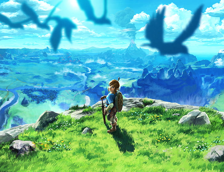 The Legend of Zelda, botw, The Legend of Zelda: Дыхание дикой природы, иллюстрации, видеоигры, Hyrule, Link, меч, холм, птицы, природа, HD обои