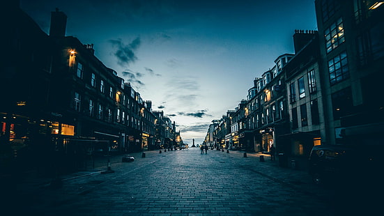 Единбург, тротоари, светлини, статуя, улица, Шотландия, HD тапет HD wallpaper