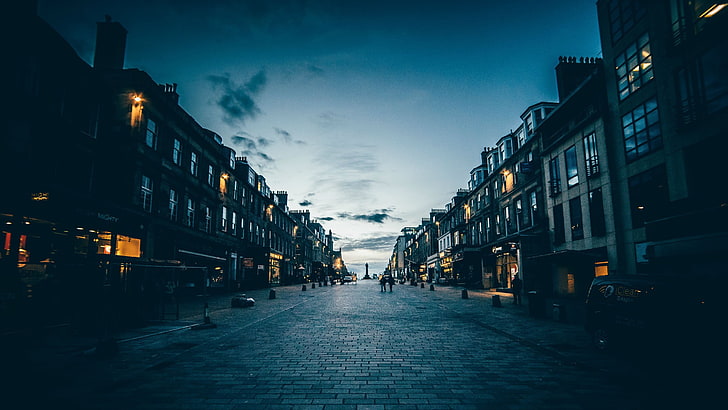 paisaje de la ciudad, Edimburgo, Escocia, calle, estatua, pavimentos, luces, Fondo de pantalla HD