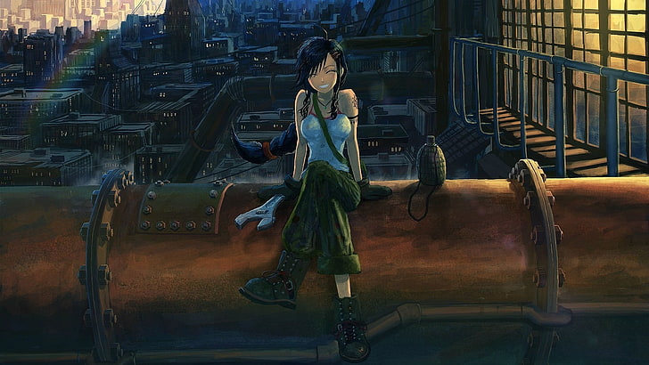 Angriff auf Titan-Charakterillustration, weibliche schwarzhaarige Zeichentrickfilm-Figur, die auf Metallrohr, Anime, Animemädchen, ursprüngliche Charaktere, Stadtbild sitzt, HD-Hintergrundbild