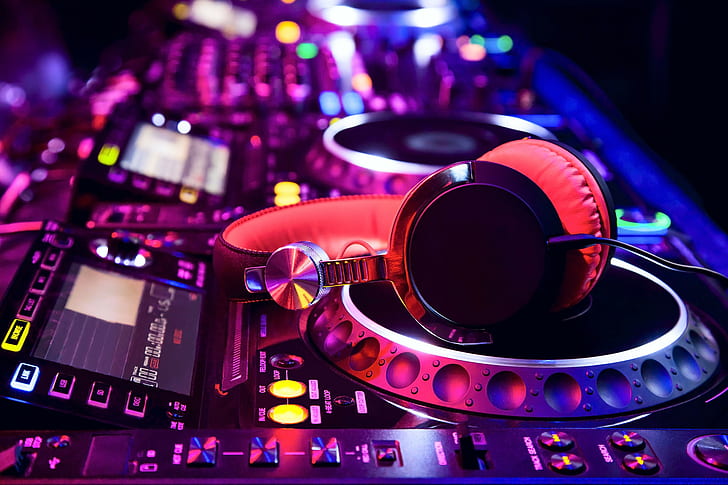 music, headphones, mixing consoles, colorful, red headphones; dj turntable, colorful, headphones, mixing consoles, HD wallpaper