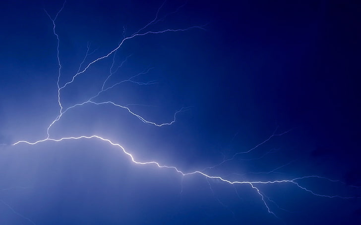 thunder, sky, lightning, peal, lines, dark blue, electricity, HD wallpaper