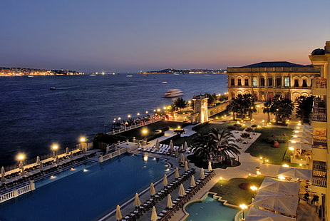 Истанбул, хотел Кемпински, Истанбул, хотел Кемпински, нощта, морето, Босфора, плувен басейн, пуйка, HD тапет HD wallpaper
