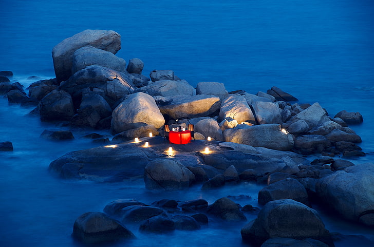 stones, the ocean, romance, the evening, candles, lights, table, HD wallpaper