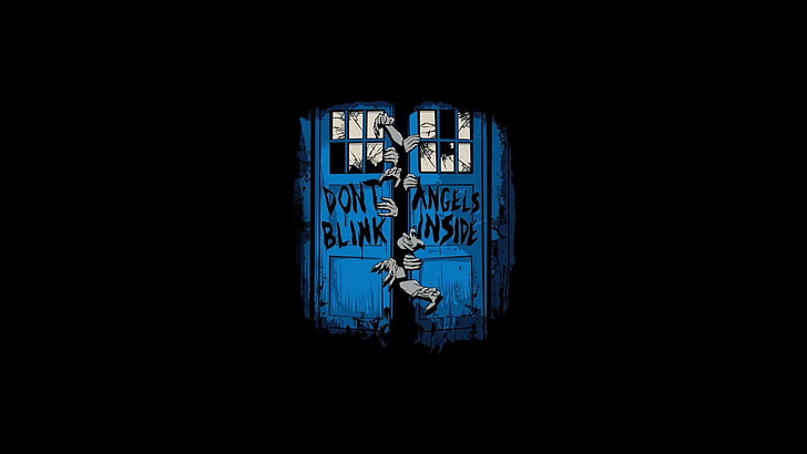 blue wooden door illustration, Doctor Who, Weeping Angels, crossover, simple, black background, blue, The Walking Dead, HD wallpaper