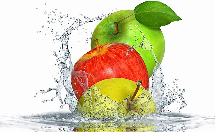 Pommes éclaboussant l'eau, pommes rouges et vertes, nourriture et boisson, pommes, eau, éclaboussant, Fond d'écran HD