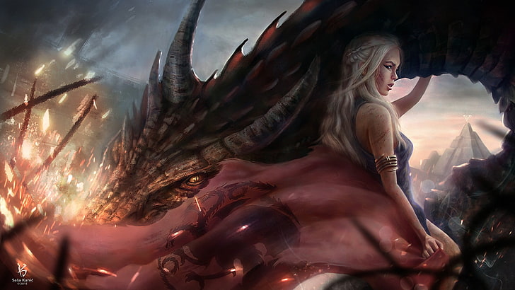 Daenerys Targaryen with dragon wallpaper, Game of Thrones, Daenerys Targaryen, Dragon, House Targaryen, grafika, fantasy art, Tapety HD