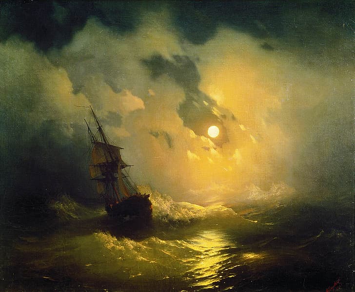 sztuka klasyczna, Ivan Aivazovski, Ivan Aivazovsky, morze, statek, noc, fale, Tapety HD
