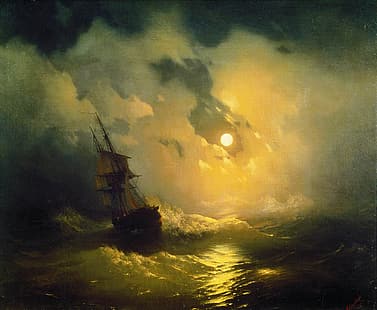 art classique, Ivan Aivazovski, Ivan Aivazovsky, mer, bateau, nuit, vagues, Fond d'écran HD HD wallpaper