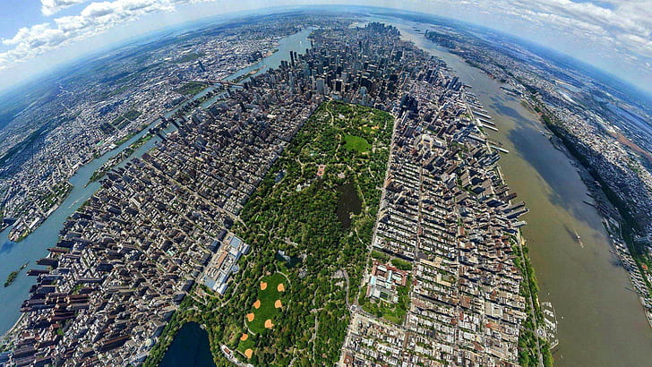 Нью-Йорк, здания, река, вид сверху, панорамы, городской пейзаж, Центральный парк, HD обои