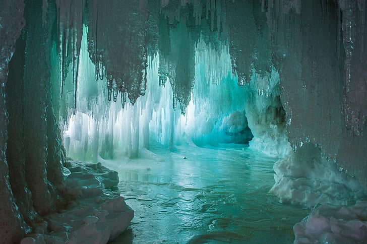 Stalagmiti, stalattiti, grotta di ghiaccio, luce, ghiaccio, grotta, Emi, Sfondo HD