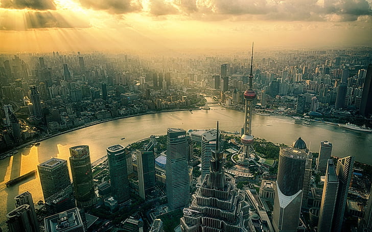 Shanghai, China, city, skyscrapers, tower, river, dawn, sunrise, Shanghai, China, City, Skyscrapers, Tower, River, Dawn, Sunrise, HD wallpaper
