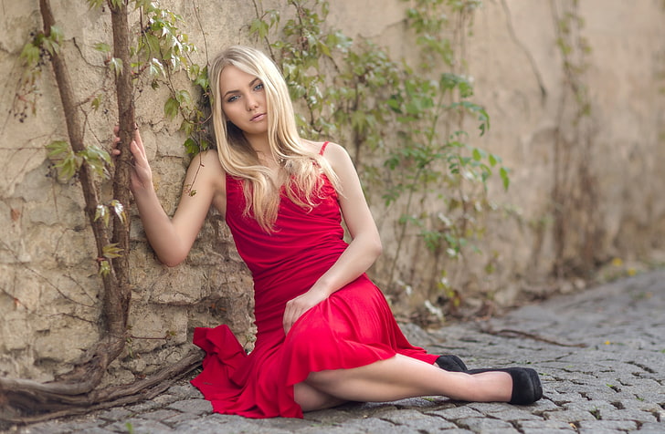 blonde, women outdoors, red dress, women, model, HD wallpaper