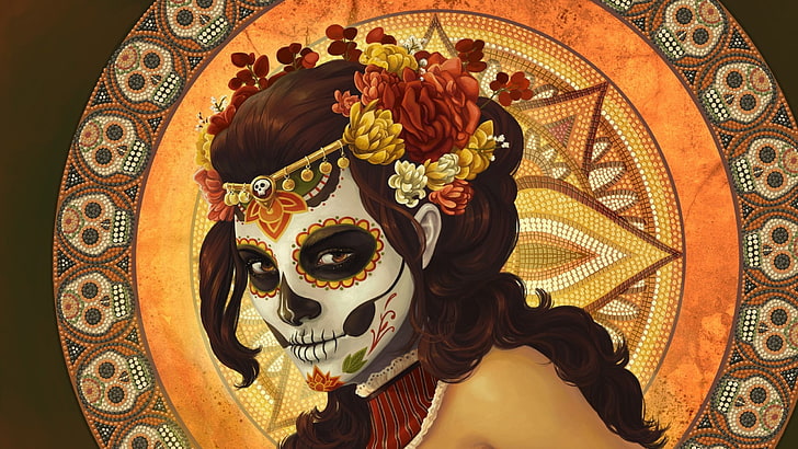 ilustracja kobiety noszącej maskę szkieletu, kolorowa, brunetka, starożytny, obraz, Sugar Skull, farba do twarzy, kobiety, Dia de los Muertos, sztuka cyfrowa, grafika, wzór, mozaika, czaszka, kwiaty, Meksyk, kwiat we włosach, kręcone włosy, malowanie ciała, straszne, catrina, fantasy girl, fantasy art, Tapety HD