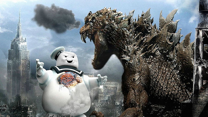 Stay Puft Marshmallow Man con papel tapiz de dinosaurio gris, arte digital, Godzilla, muñecos de nieve, ciudad, Stay Puft Marshmallow Man, Fondo de pantalla HD