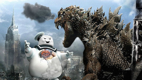 Stay Puft Marshmallow Man mit grauer Dinosaurier-Tapete, digitale Kunst, Godzilla, Schneemänner, Stadt, Stay Puft Marshmallow Man, HD-Hintergrundbild HD wallpaper