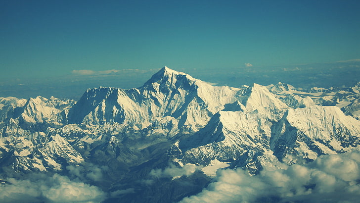 montagnes enneigées, photographie de paysage de montagnes enneigées, hiver, montagnes, ciel, nuages, paysage, neige, froid, nature, Himalaya, Népal, papier, blanc, bleu, panorama, mont Everest, Fond d'écran HD