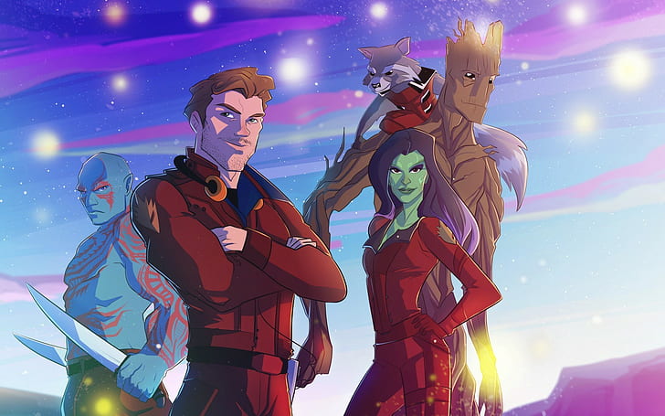 Guardians of the galaxy, Art, Peter quill, Star-lord, Gamora, Drax, Groot, Rocket, HD wallpaper
